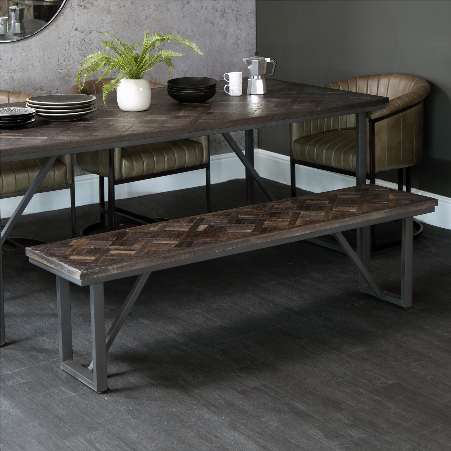 Read more about Large industrial style teak & iron dining bench 1.6m